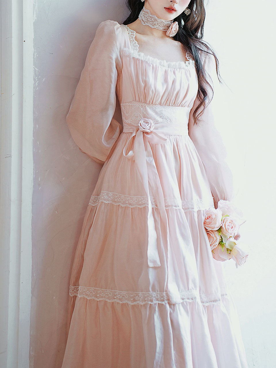 Pink Square Neck Lace Ruffle Vintage Fairy Dress