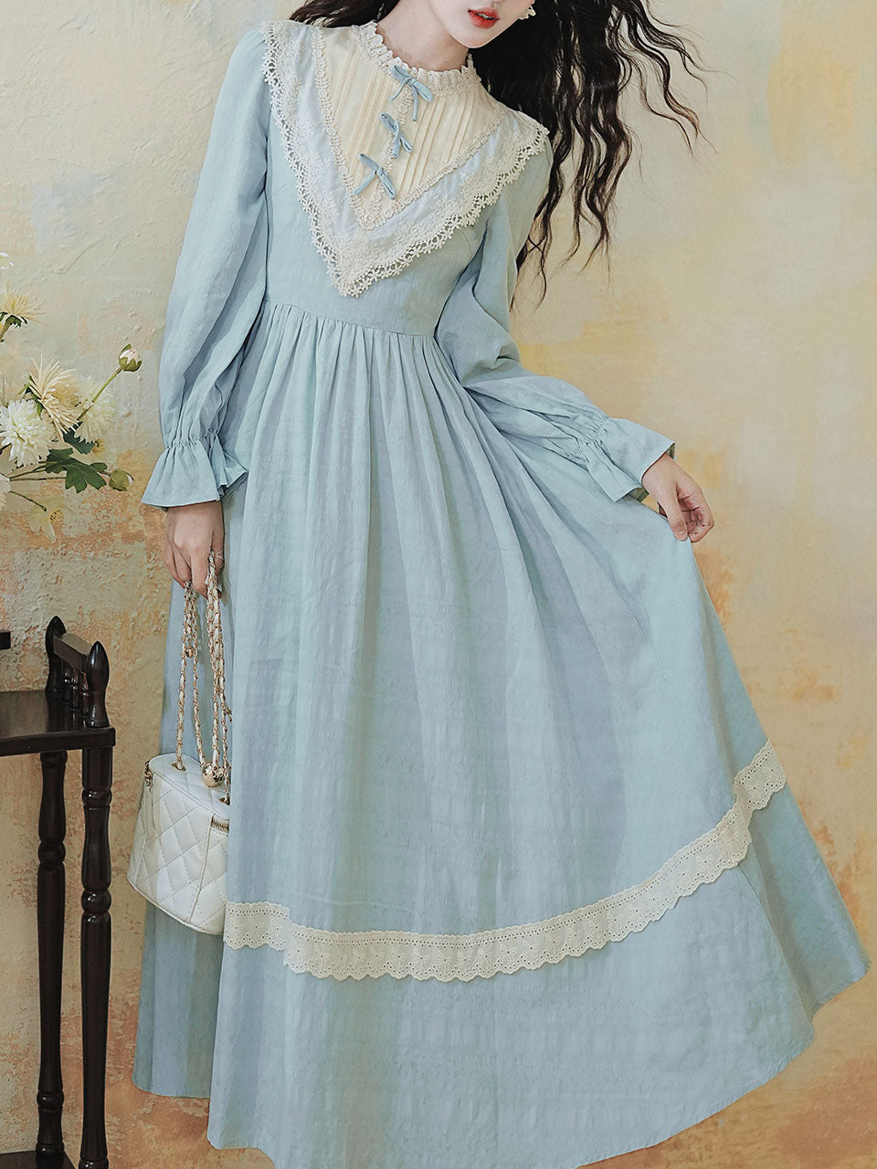 Blue Lace Ruffles Edwardian Revival Dress