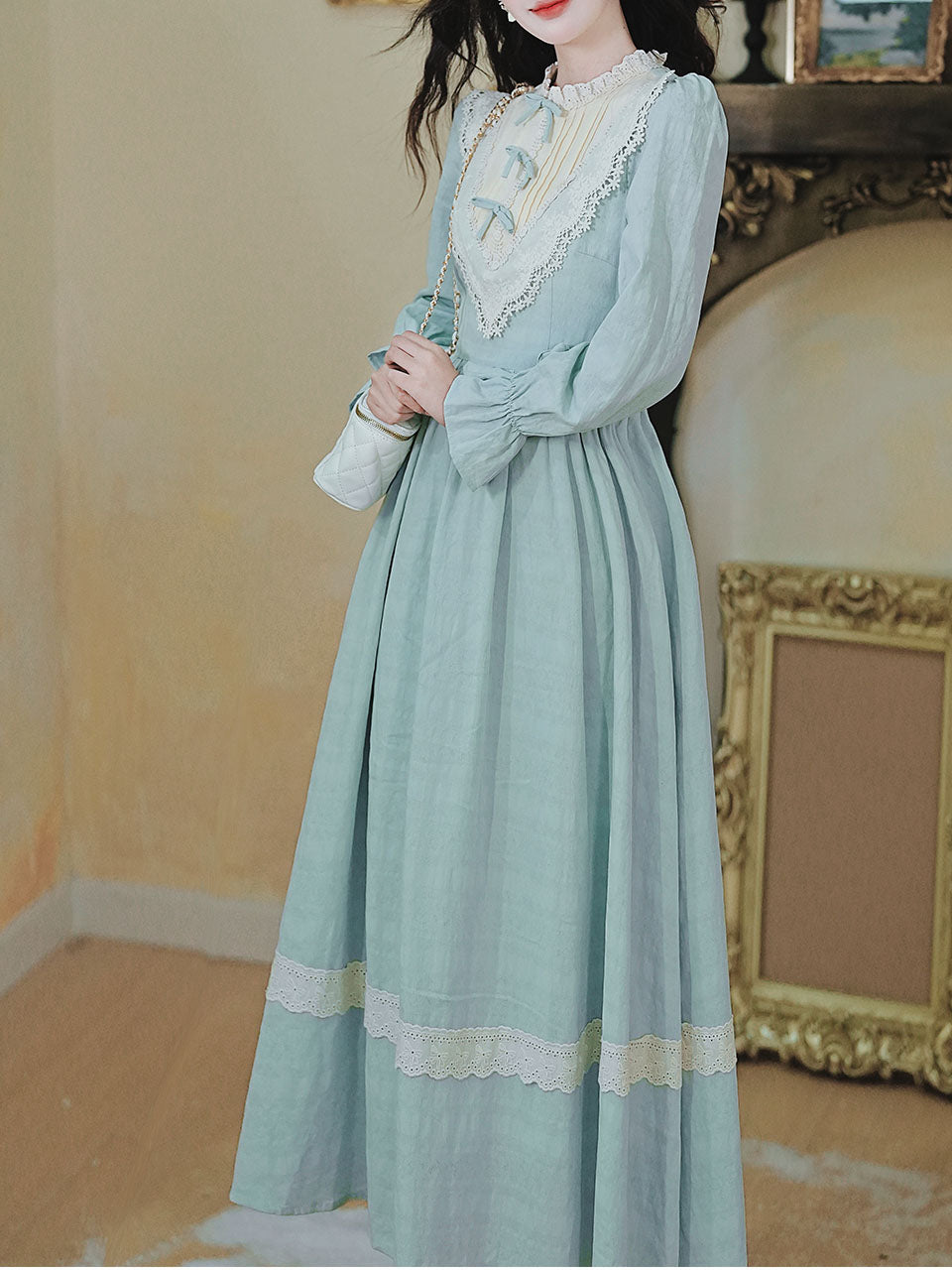 Blue Lace Ruffles Edwardian Revival Dress