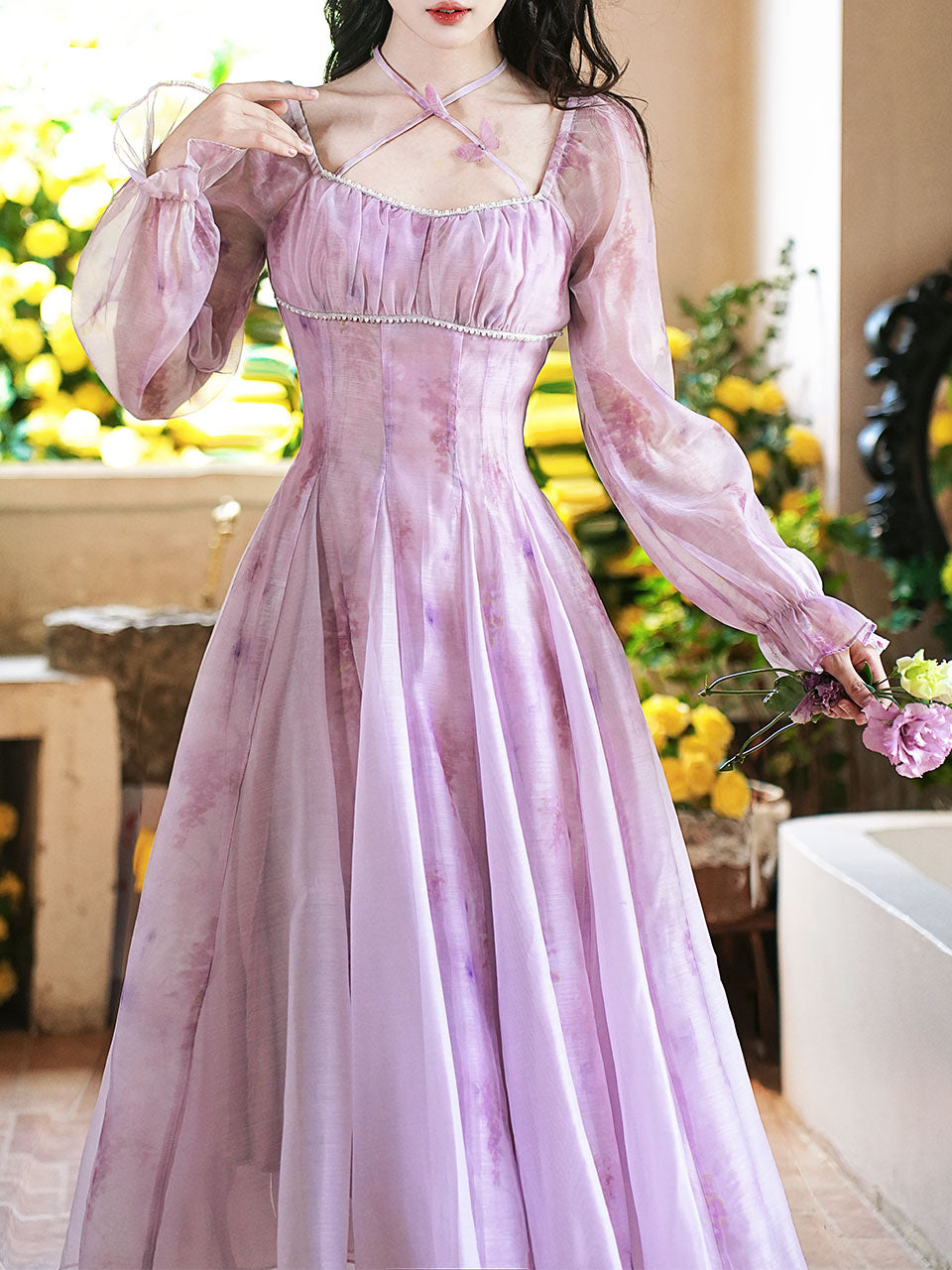 Purple Square Neck Butterfly Vintage Fairy Dress