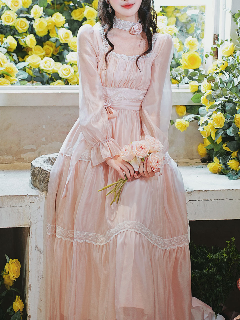 Pink Square Neck Lace Ruffle Vintage Fairy Dress