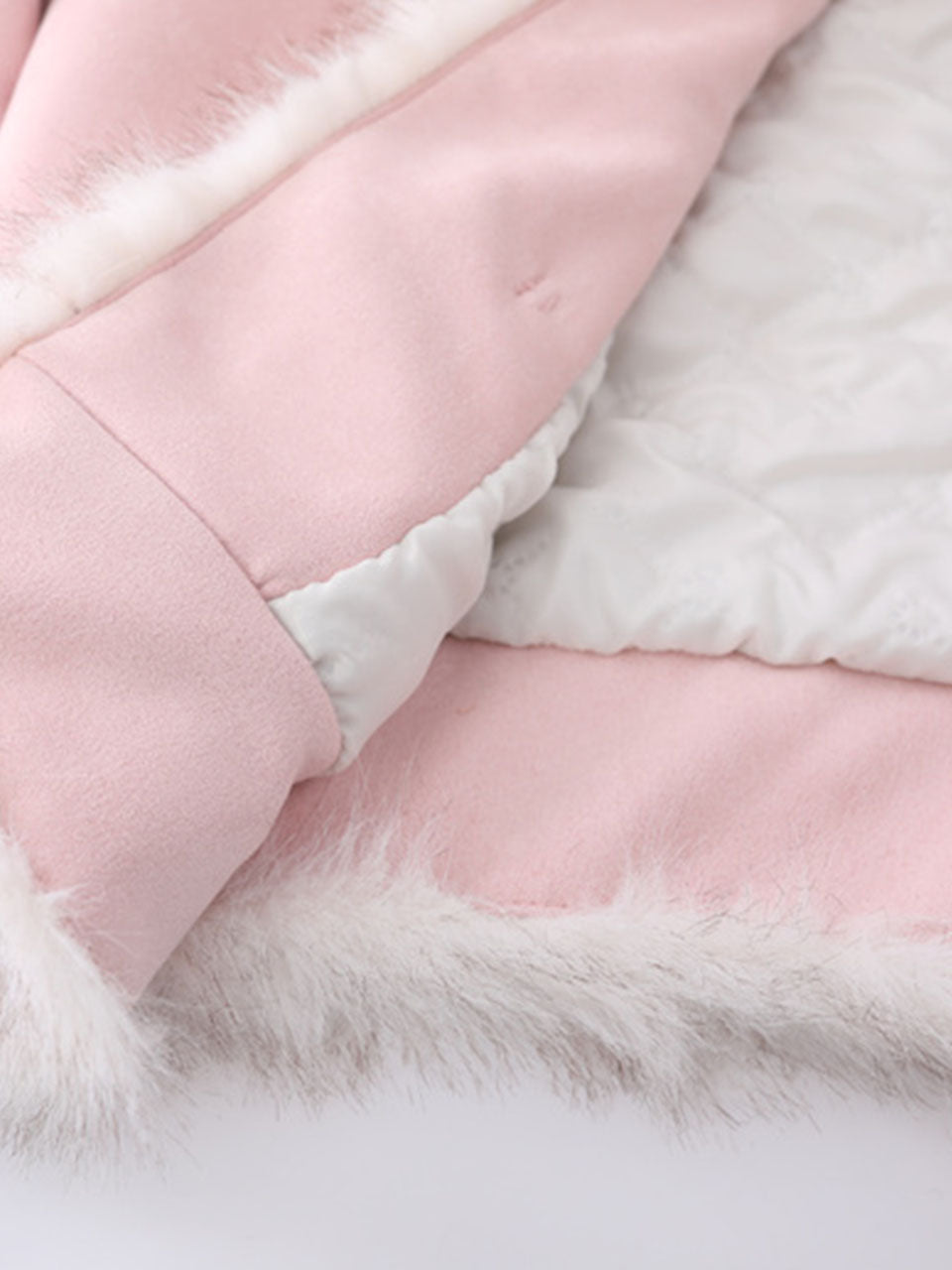 Pink Suede Butterfly Horn Button Faux Fur Winter Coat