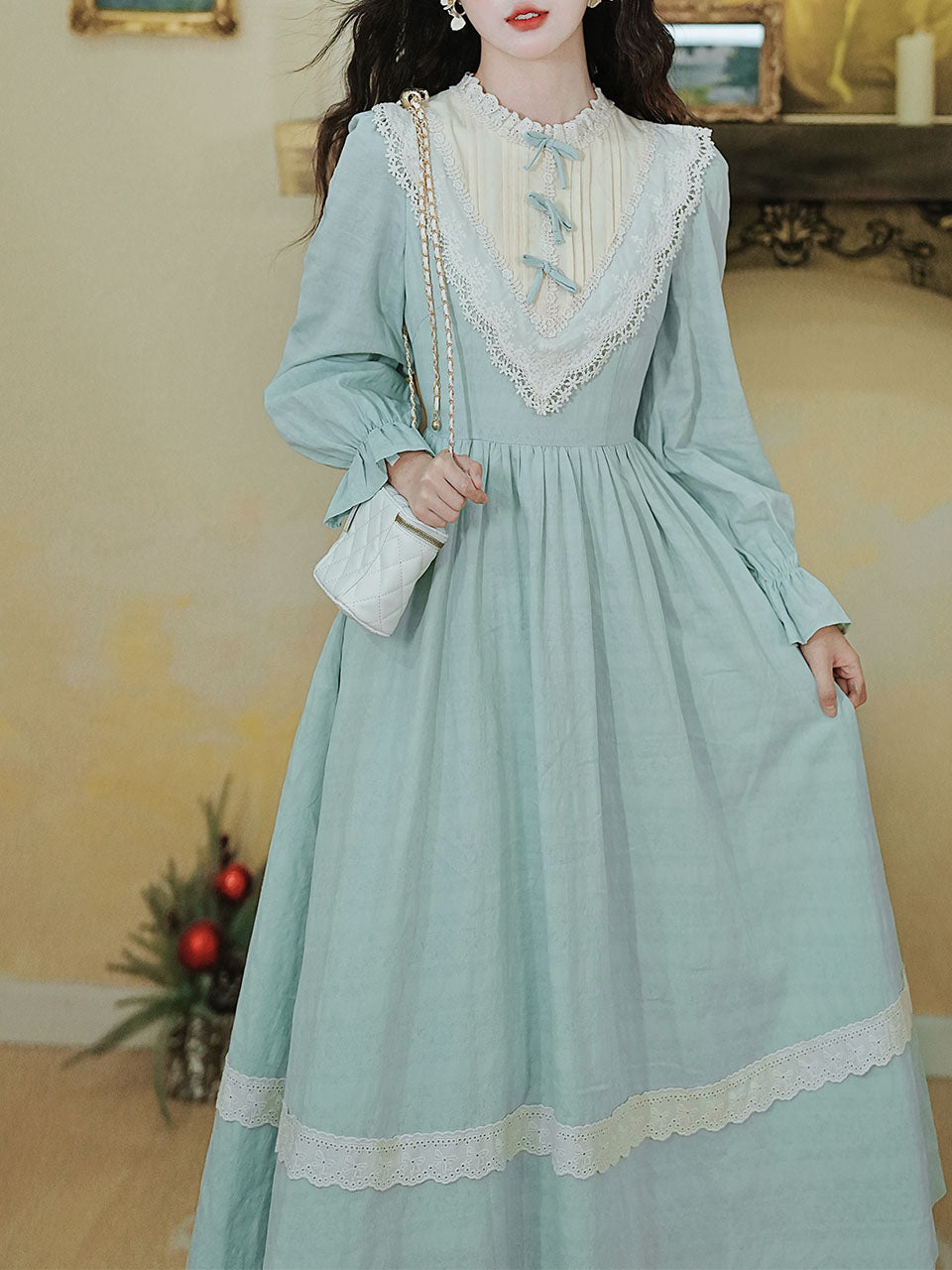 Blue Lace Ruffles Edwardian Revival Dress