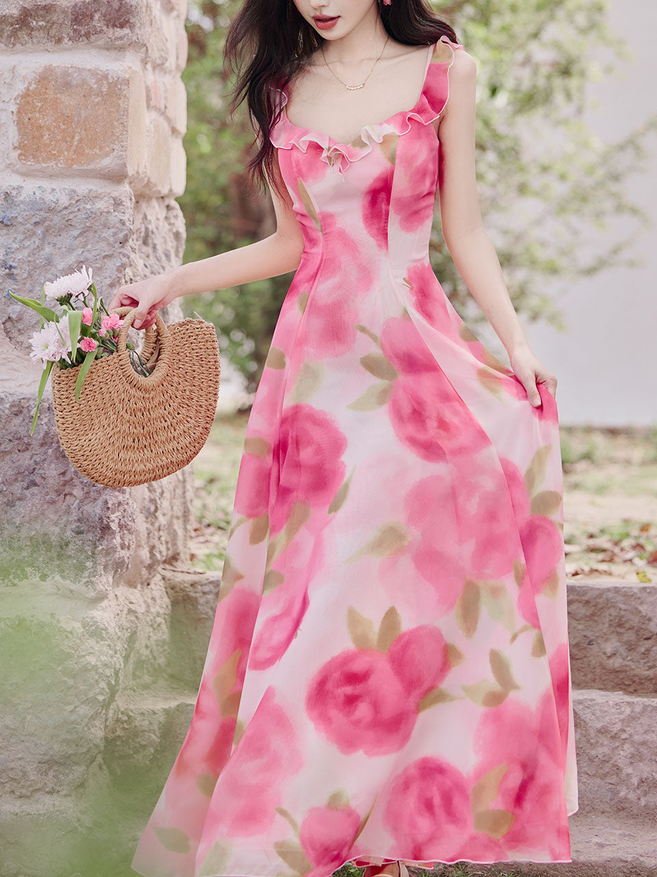 Sweet Rose Ruffles Strap Vintage Swing Maxi Dress