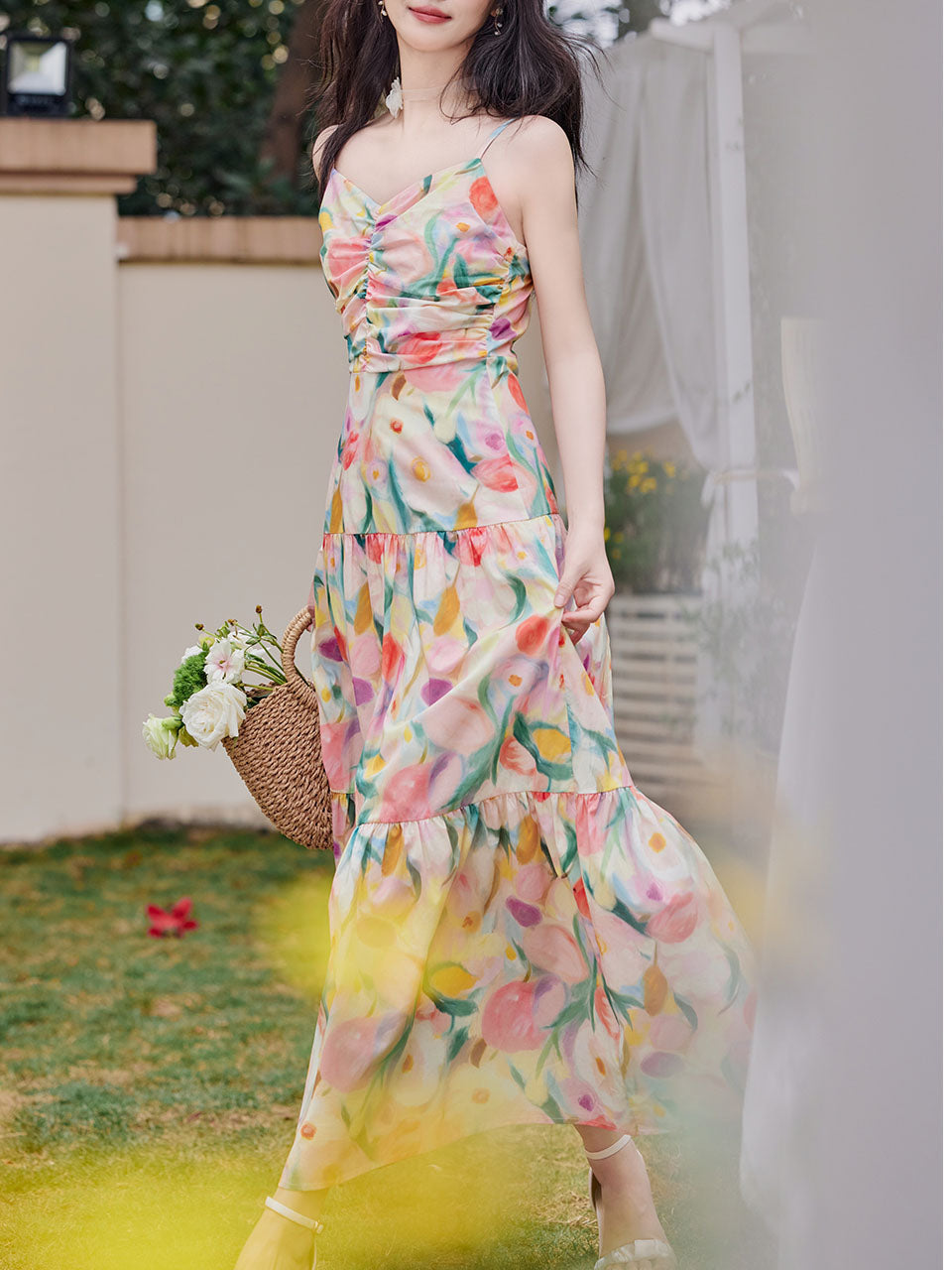 Rainbow Tulips Spaghetti Strap Vintage Swing Holiday Maxi Dress