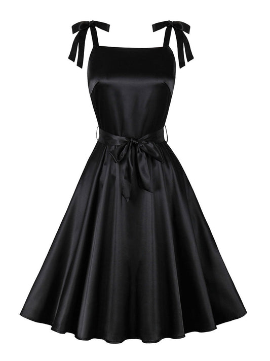 Black 1950S Bow Spaghetti Strap Vintage Swing Dress