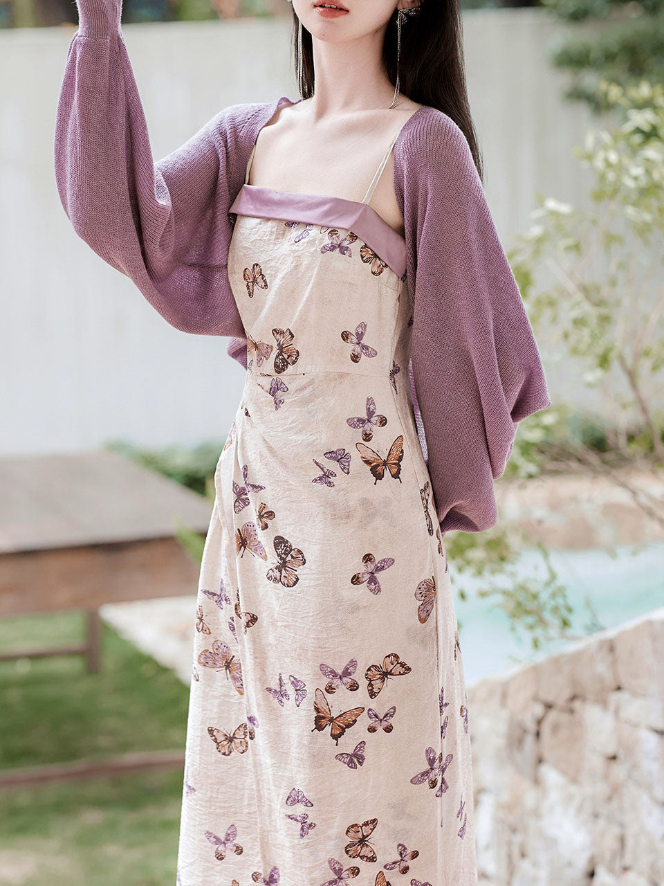 2PS Purple Butterfly Print Spaghetti Strap Dress With Shawl Dress Suit