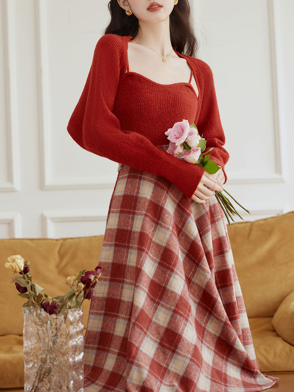 3 Piece Cardigan and Cami Set With Scottish Plaid Swing Skirt 1950S Vintage Audrey Hepburn's Style Outfits