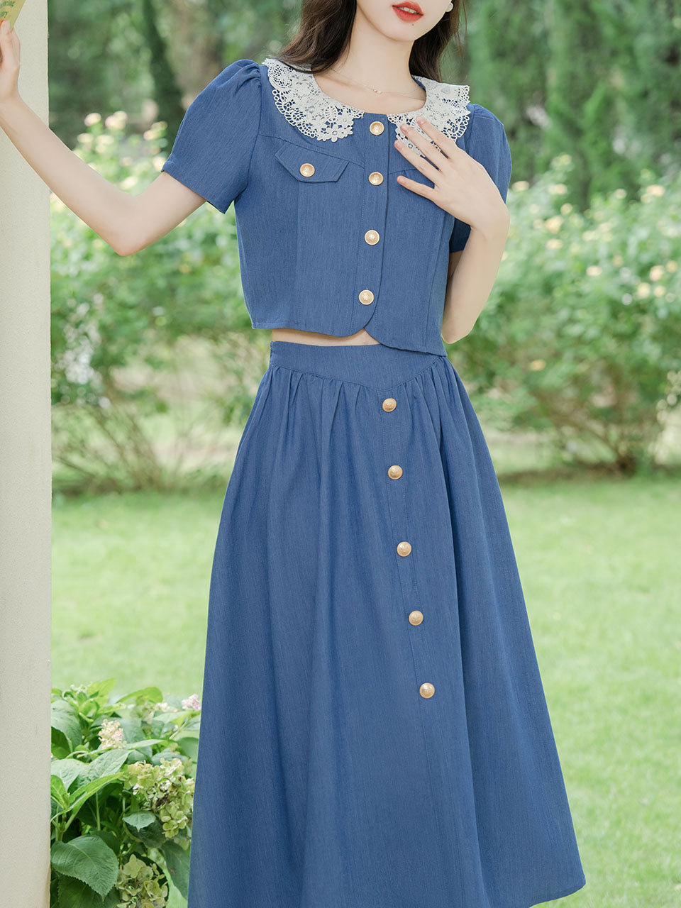 2PS Blue Lace Peter Pan Collar Short Sleeve Shirt With Skirt Suits