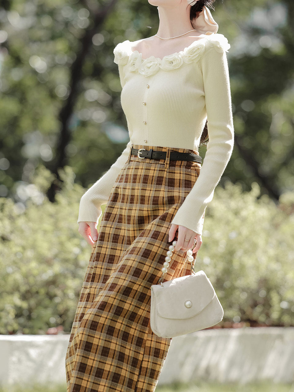 2PS White Rose Sweater And Yellow Plaid Straight Skirt Vintage outfit