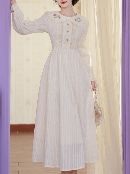 White Peter Pan Collar Long Sleeve Vintage Embroidered Cottagecore Cotton Dress