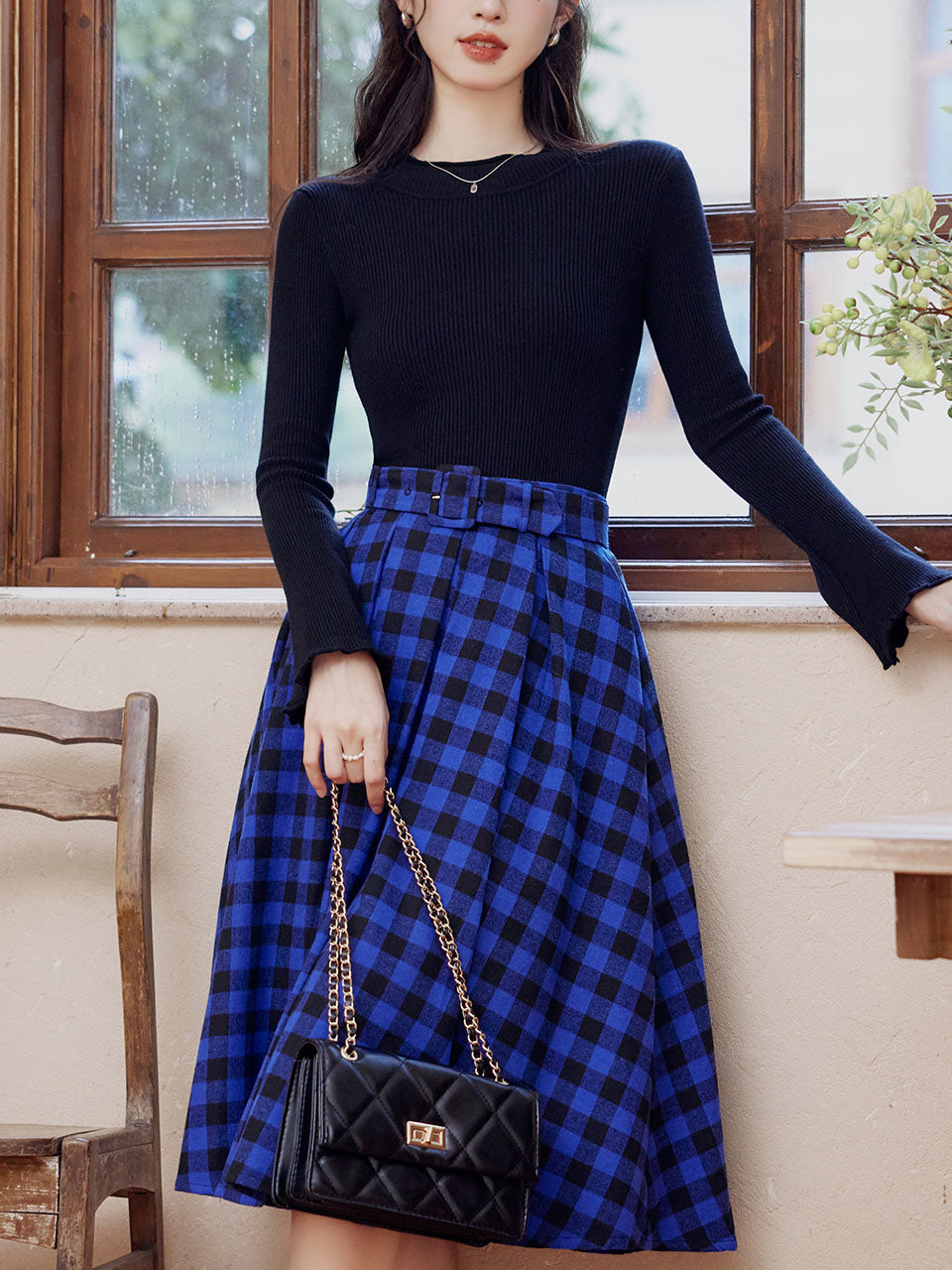 2 Piece Black Crew Neck Sweater and Blue Plaid Swing Skirt Set