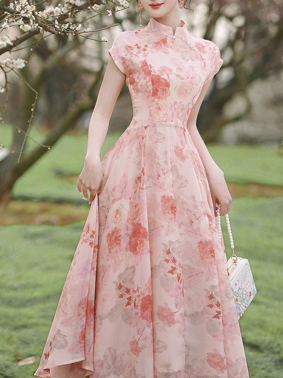 Pink Stand Collar Rose Flower Print Cat's Eye Button Cap Sleeve Cheongsam Dress