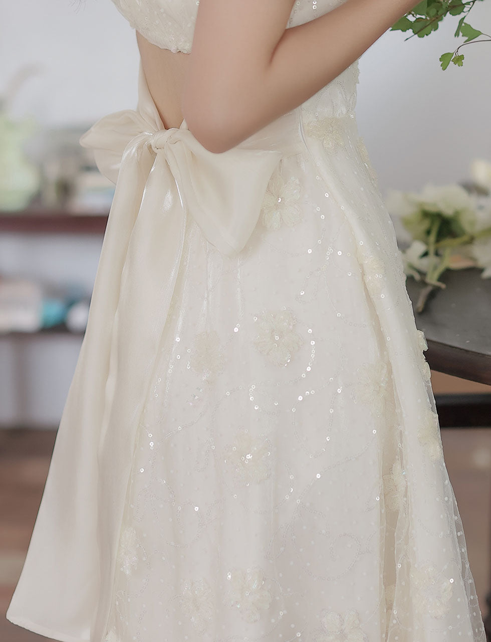 White Flower Sequined Puff Short Sleeve Princess Vintage Dress