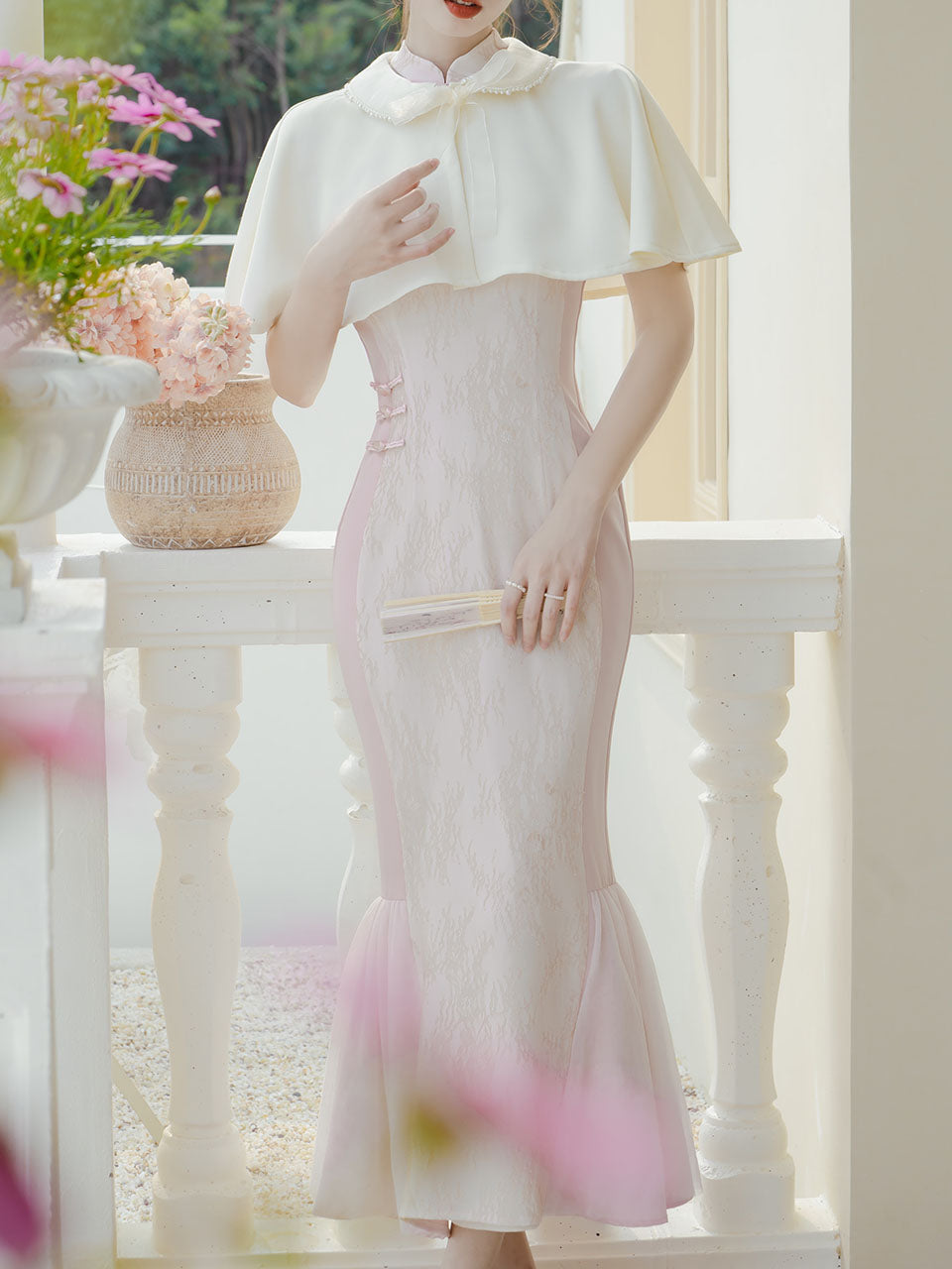 Pink Cheongsam Fishtail Maxi Dress Prom Dress With White Cape