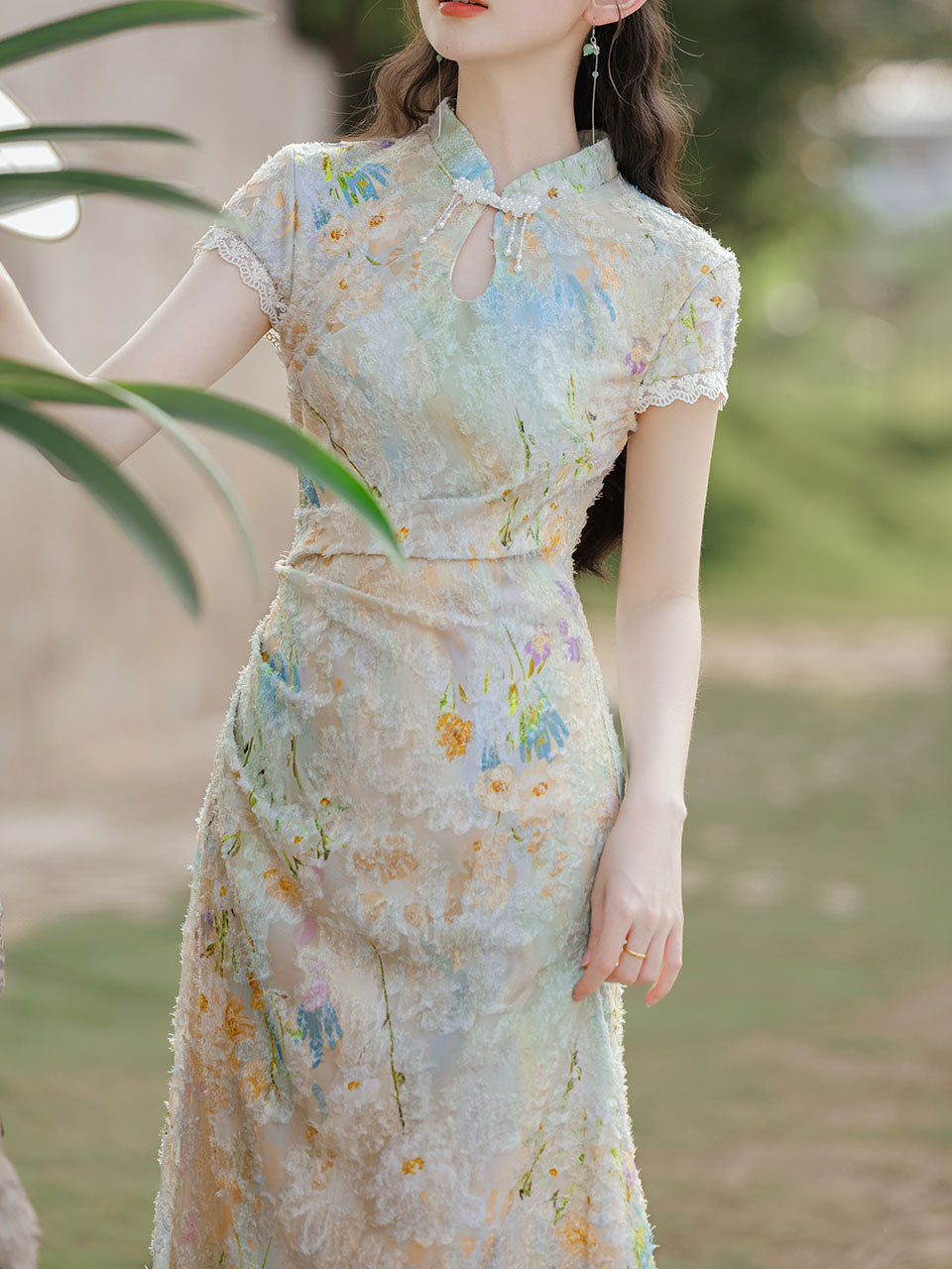 Light Green Burnout Print Cap Sleeve Cheongsam Dress