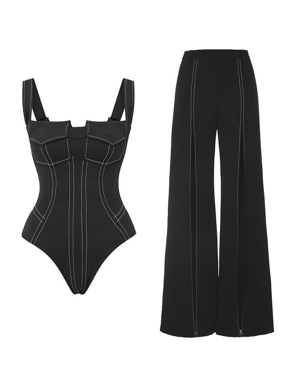 Black Retro Style Imitation Denim One Piece With Bathing Pant Suit