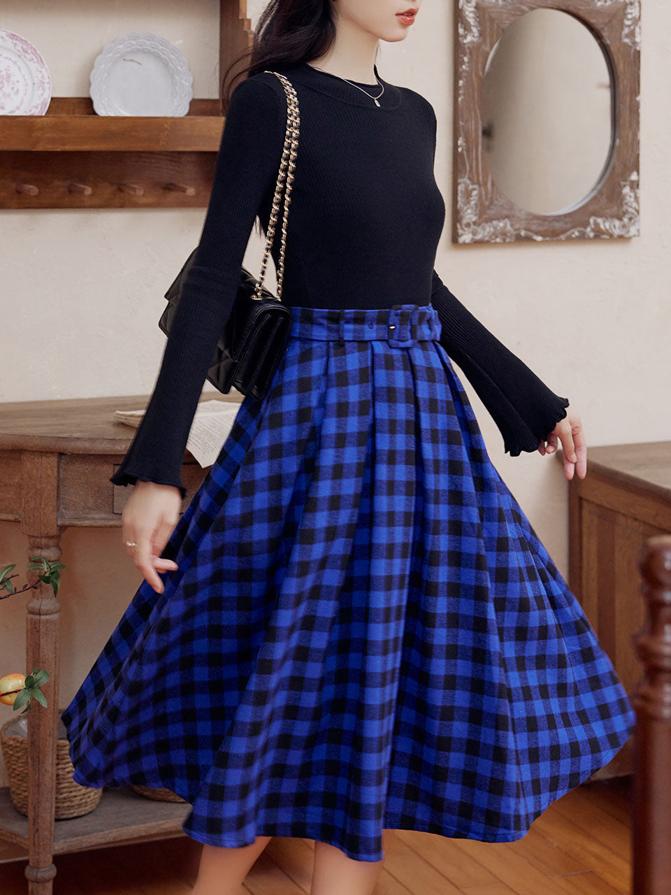 2 Piece Black Crew Neck Sweater and Blue Plaid Swing Skirt Set