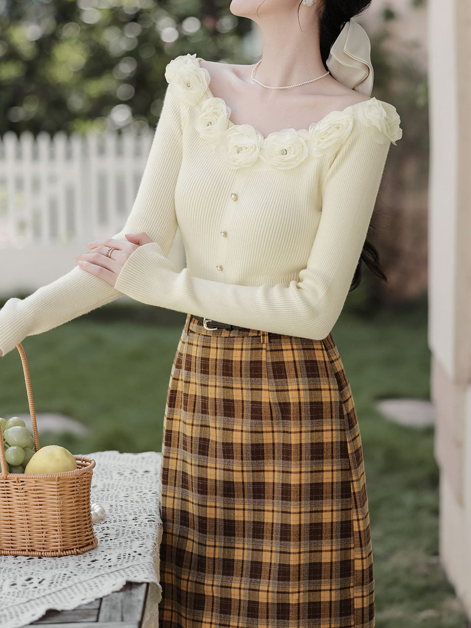 2PS White Rose Sweater And Yellow Plaid Straight Skirt Vintage outfit