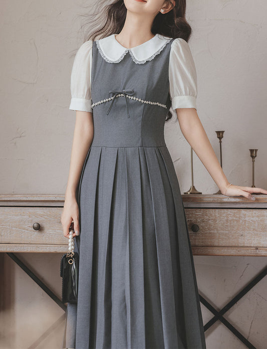 Grey Peter Pan Collar Preppy Style Pleated Dress