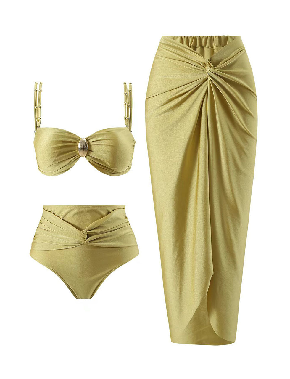 Yellow Strap Two Pieces With Bathing Suit Ruffles Wrap Skirt