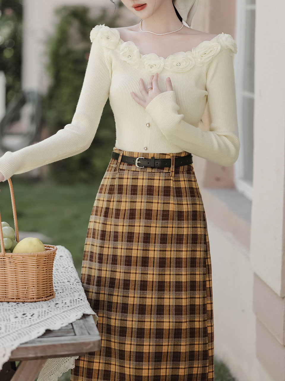 2PS White Rose Sweater And Yellow Plaid Straight Skirt Vintage outfit