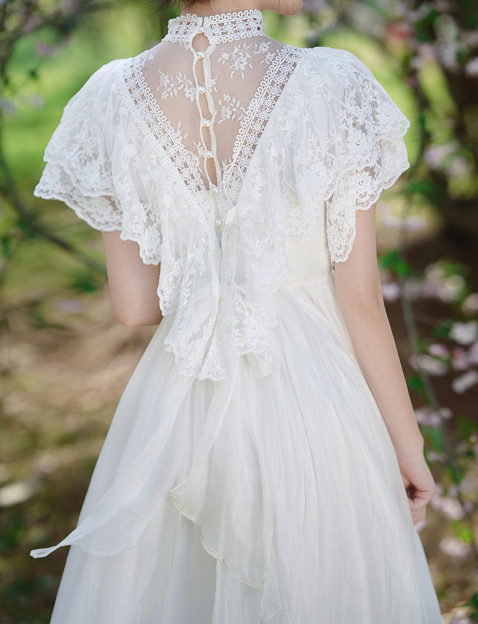 White Lace Pleat Edwardian Revival Vintage Wedding Dress