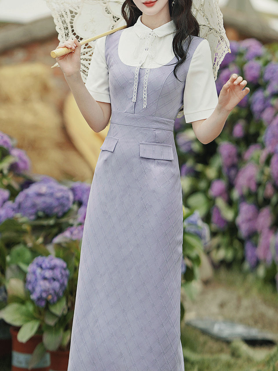 Purple Peter Pan Collar Puff Sleeve Preppy Dress