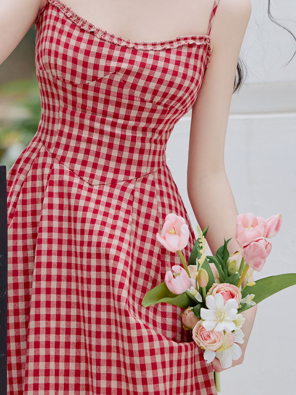 2PS Red Plaid Spaghetti Strap Dress With White Shawl Dress Suit