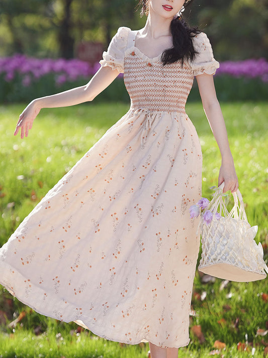 Apricot V Neck Floral Smocking Princess Puff Sleeve Vintage Dress