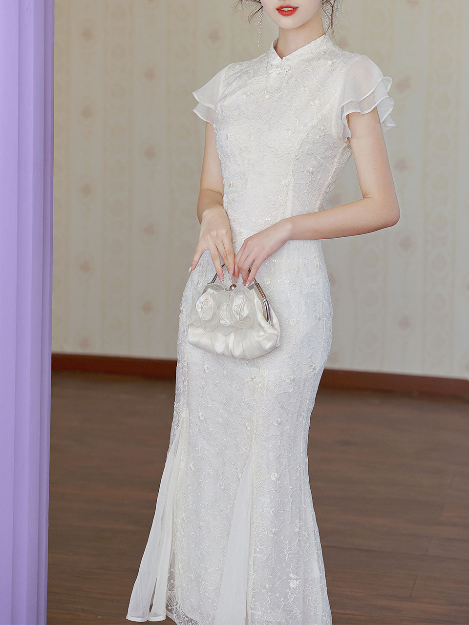 White Lace Ruffle Sleeve Sequined Fishtail Cheongsam Fishtail Wedding Dress