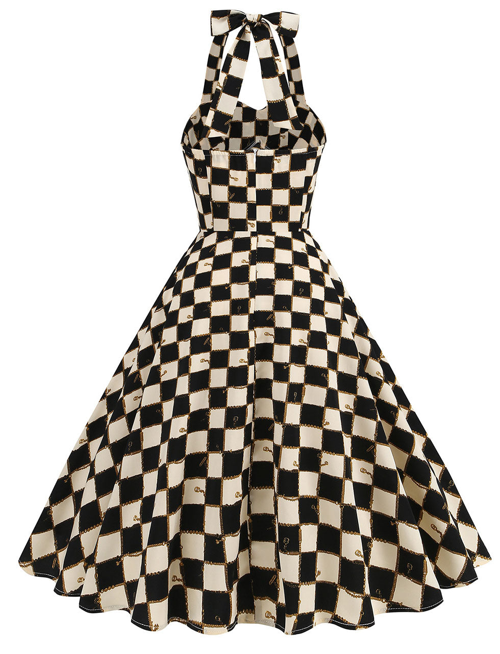 Black Checkerboard Print Halter Backless 1950S Vintage Swing Dress