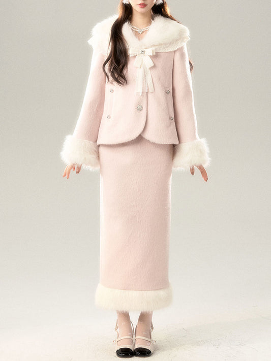 2PS Pink Fake Fur Collar Warm Coat With Skirt Suit