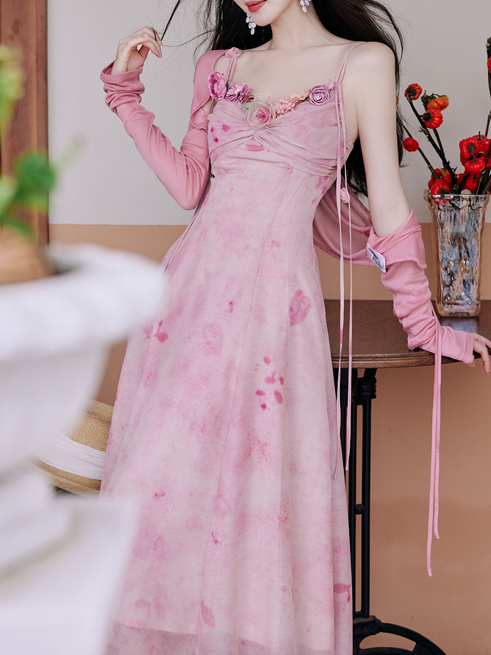 2PS Pink Rose Handmade Flower Suspender Print Vintage Dress and Cardigan Suit