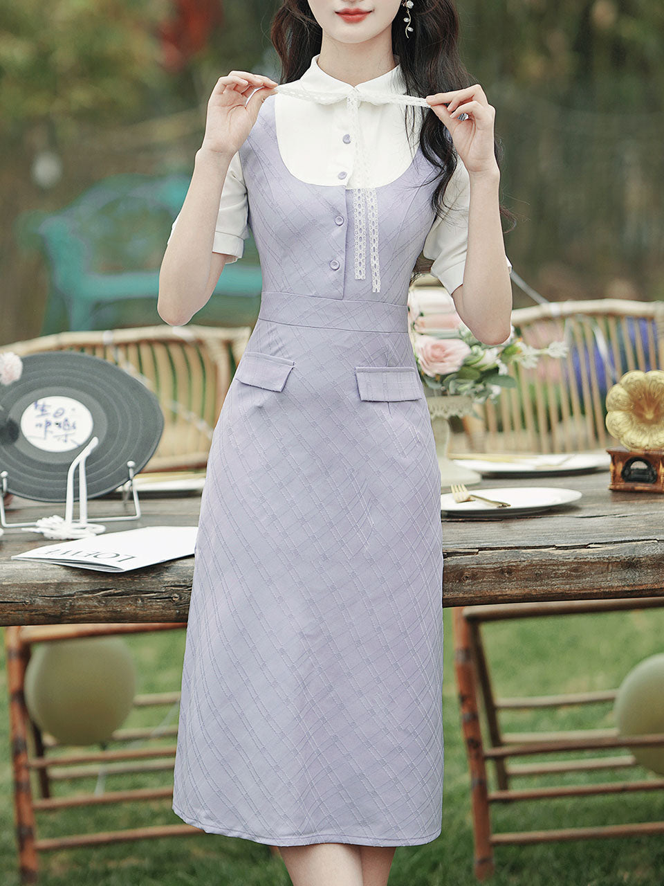 Purple Peter Pan Collar Puff Sleeve Preppy Dress