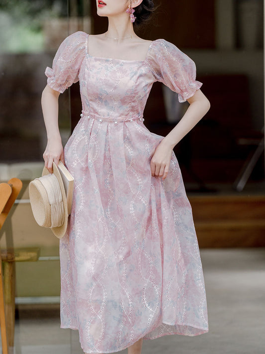 Pink Square Neck Embroidered Princess Sleeve Corset Vintage Dress