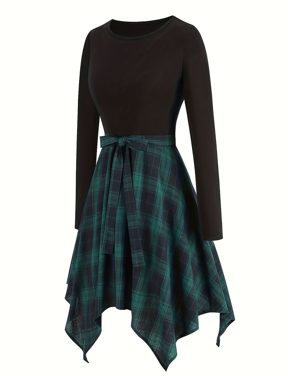 Christmas Green Crew Neck Long Sleeve Plaid 1950S Vintage Swing Dress