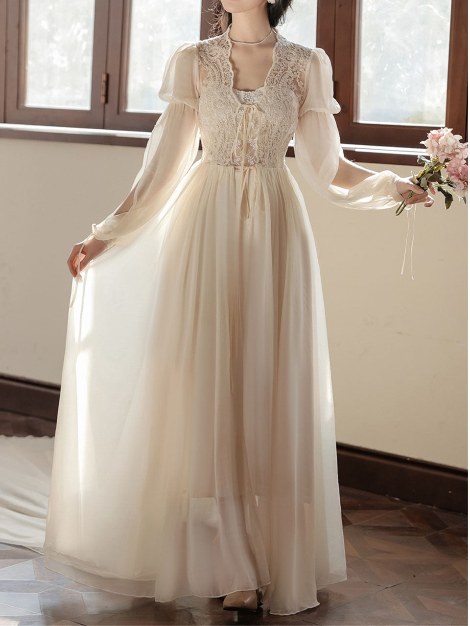 Apricot Lace Lantern Sleeves Romantic Wedding Dress with Tail Inspired By Sleeping Beauty