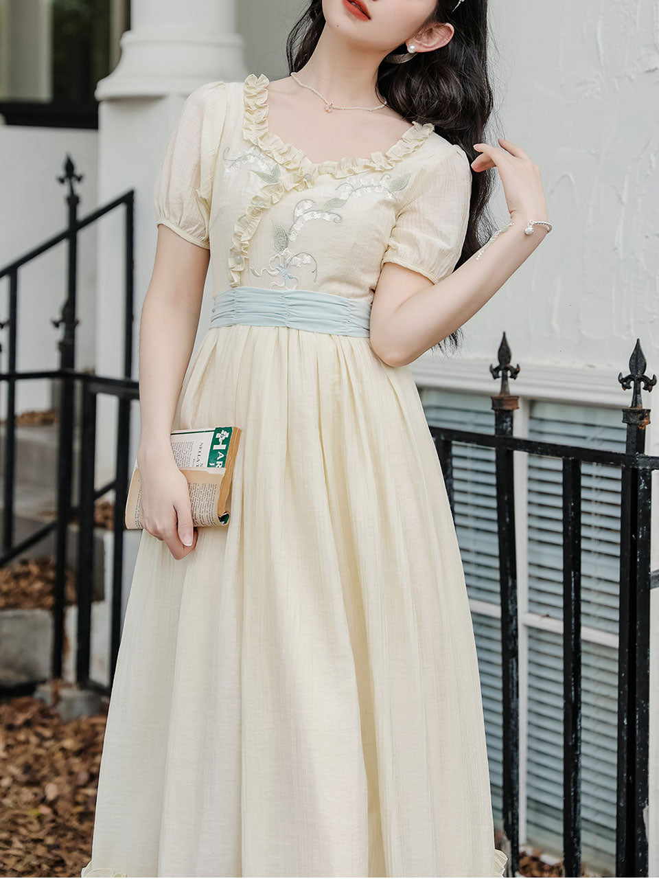 Apricot V Neck Floral Ruffles Princess Puff Sleeve Vintage Dress