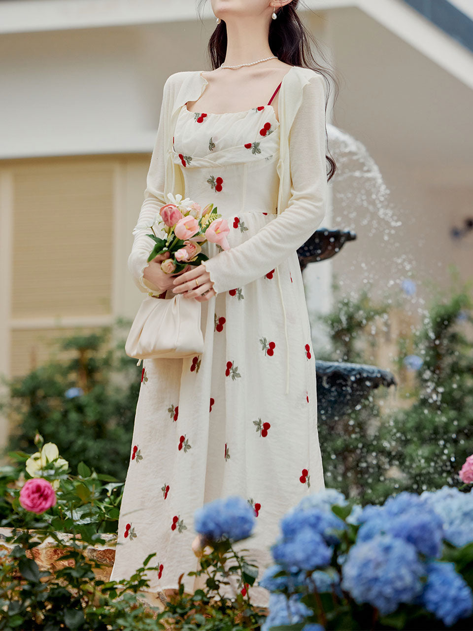 2PS White Cherry Print Spaghetti Strap Dress With White Shawl Dress Suit