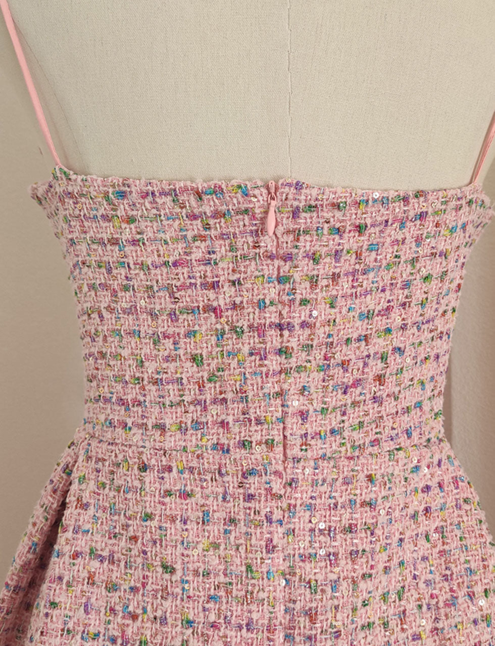 Pink Camellia Flower Spaghetti Strap Tweed Party Dress