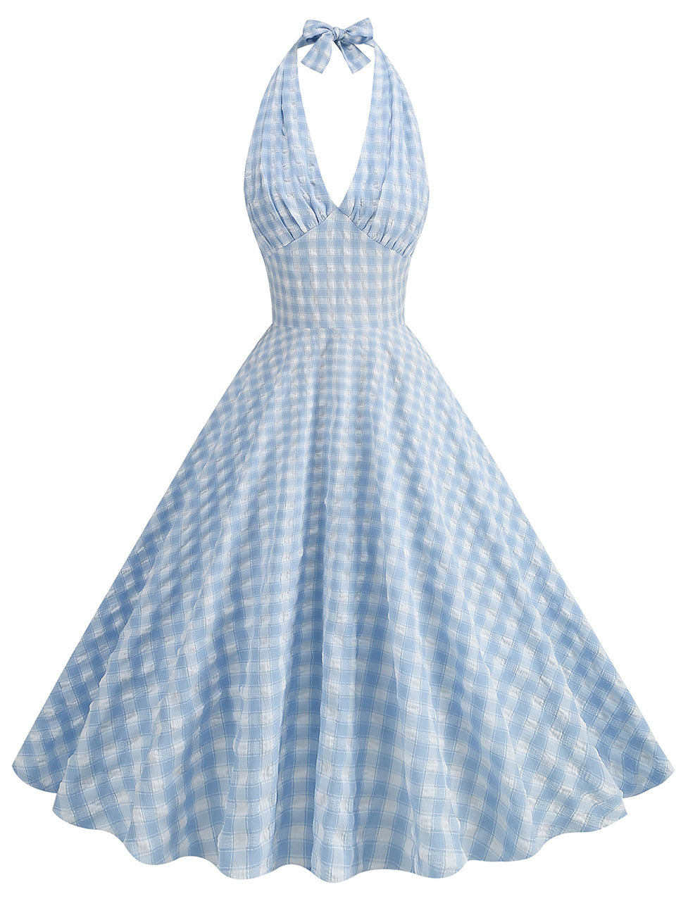 Plaid Blue Bow Halter Backless 1950S Vintage Swing Dress