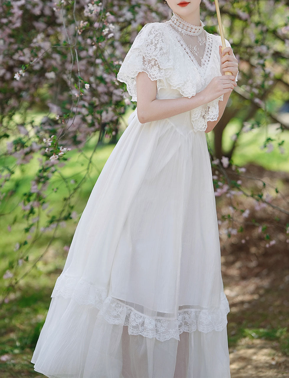 White Lace Pleat Edwardian Revival Vintage Wedding Dress