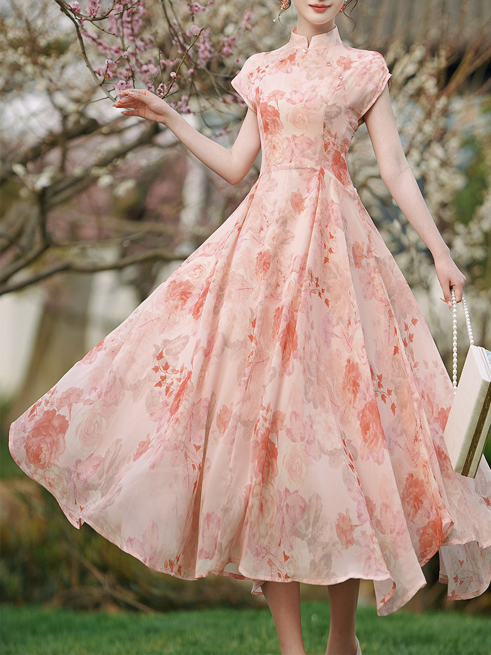 Pink Stand Collar Rose Flower Print Cat's Eye Button Cap Sleeve Cheongsam Dress