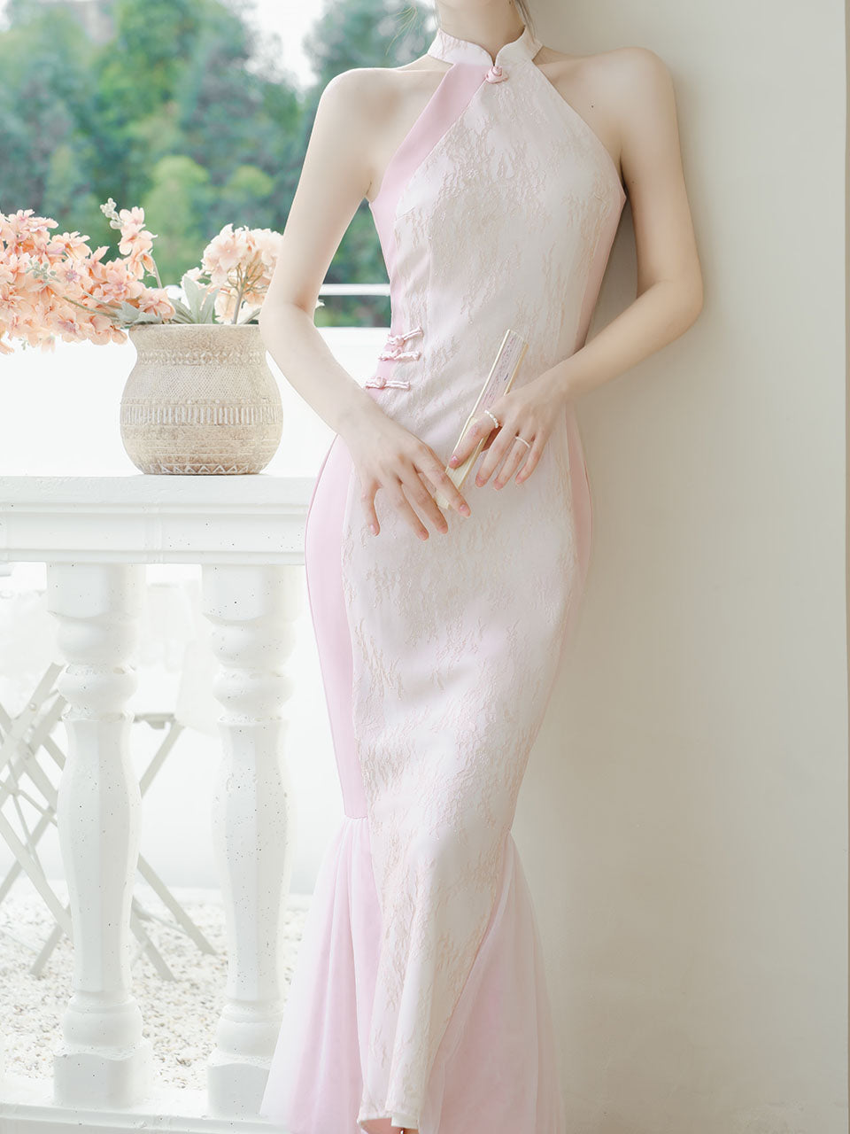 Pink Cheongsam Fishtail Maxi Dress Prom Dress With White Cape