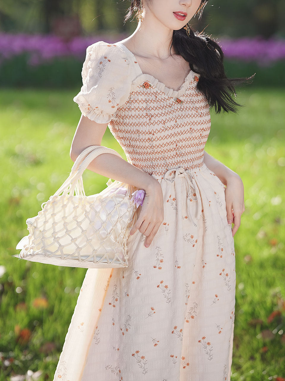 Apricot V Neck Floral Smocking Princess Puff Sleeve Vintage Dress