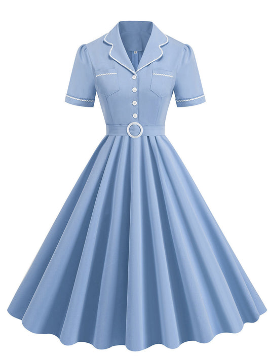 Blue 1950s Vintage Shirt Dress for Women Short Sleeve Audrey Hepburn Style Cocktail Swing Dress