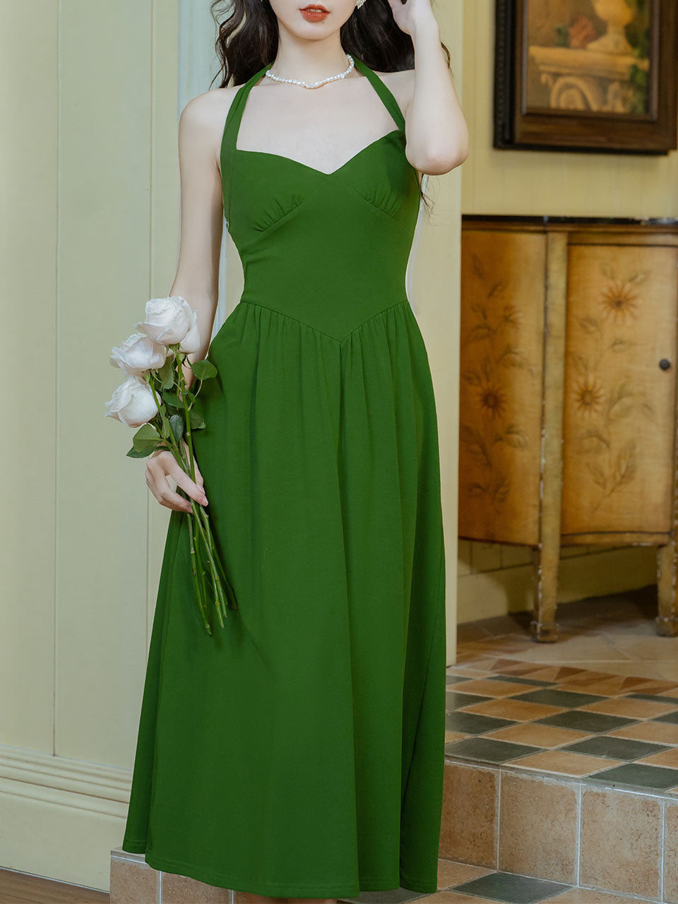 Green Halter Backless Vintage Dress Prom Dress With Short Cardigan