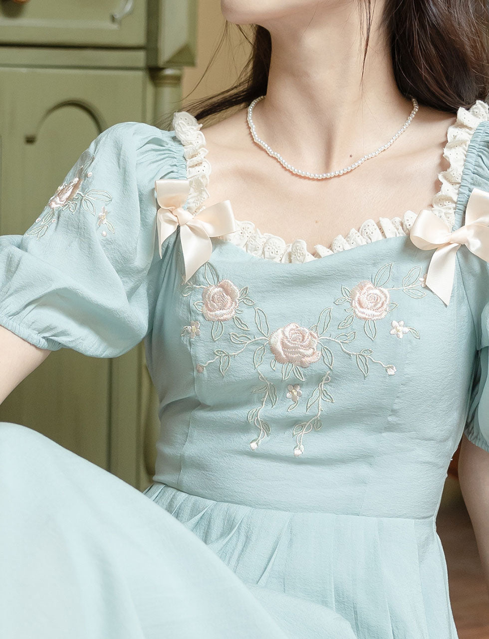 Baby Blue Cotton Fabric with Rose Embroidery Vintage Lace Dress