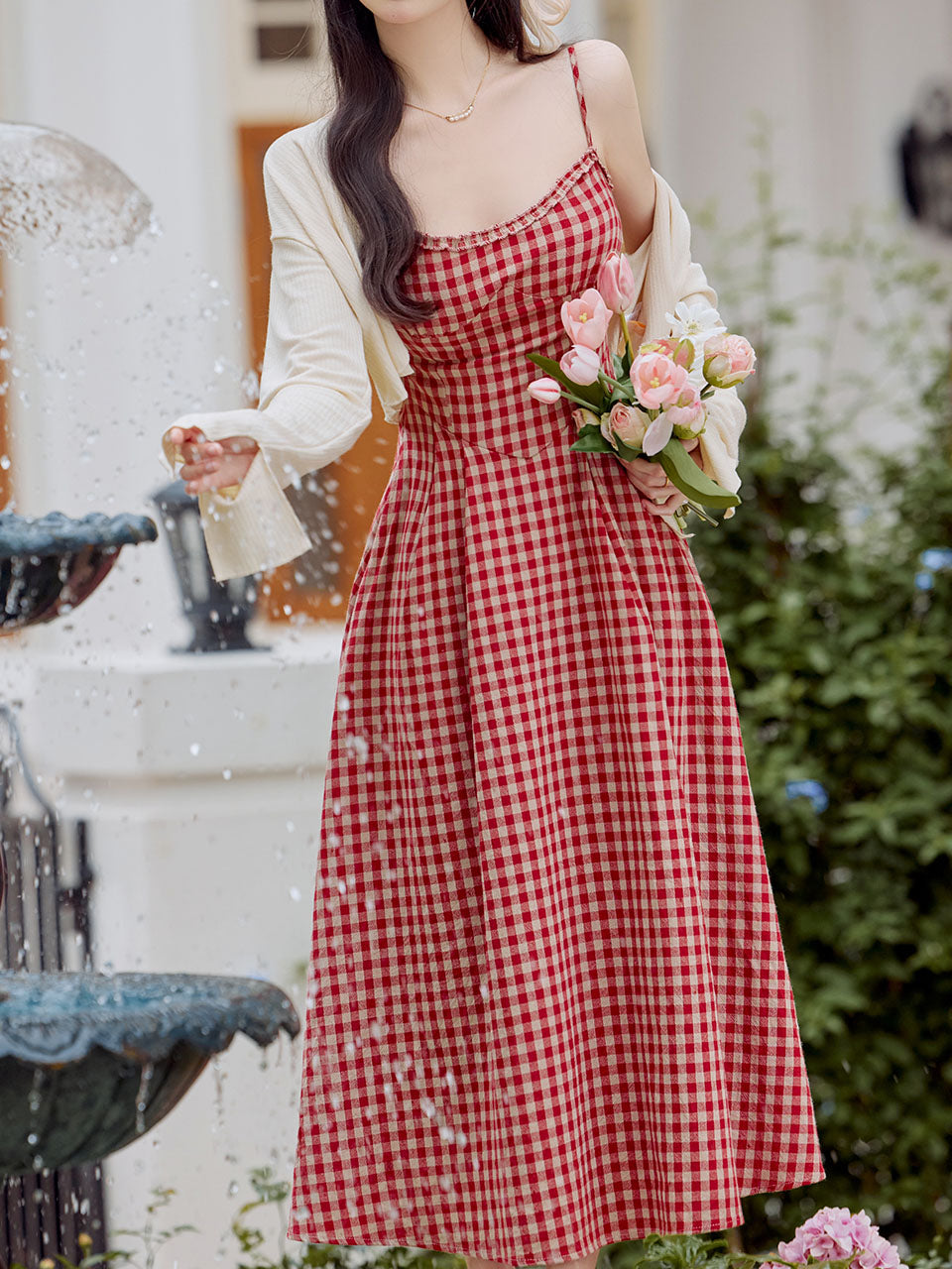 2PS Red Plaid Spaghetti Strap Dress With White Shawl Dress Suit